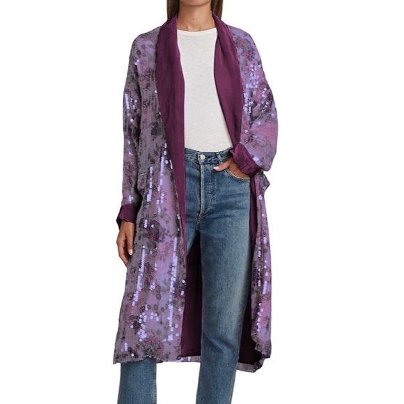 Free People Kealey Kimono Sequin Pink Purple Velvet Cardigan Jacket Duster $298 - Picture 12 of 13